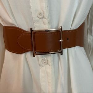 Brown PU leather square buckle elastic waistband belt